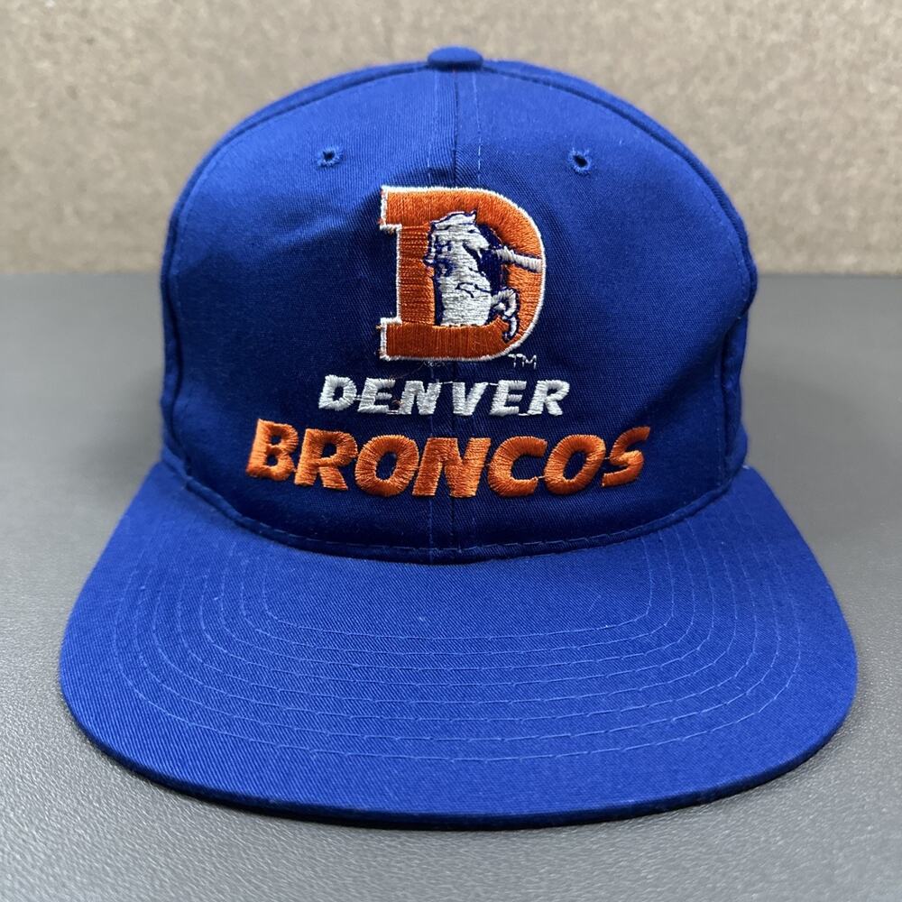 Vtg New Era Denver Broncos Snap Back Hat Blue Crown Italic Spellout Green UV